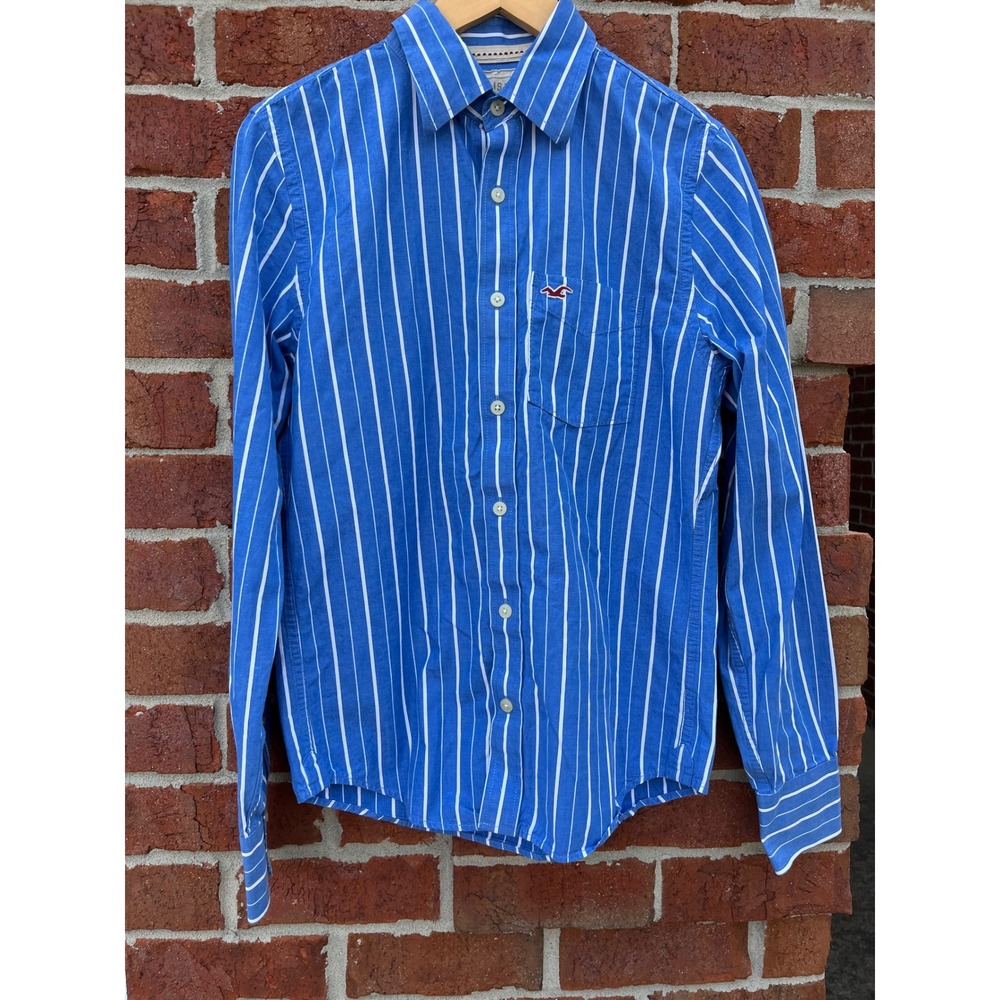 Hollister Mens Small Blue White Striped Long Sleeve Button Down Shirt Cotton